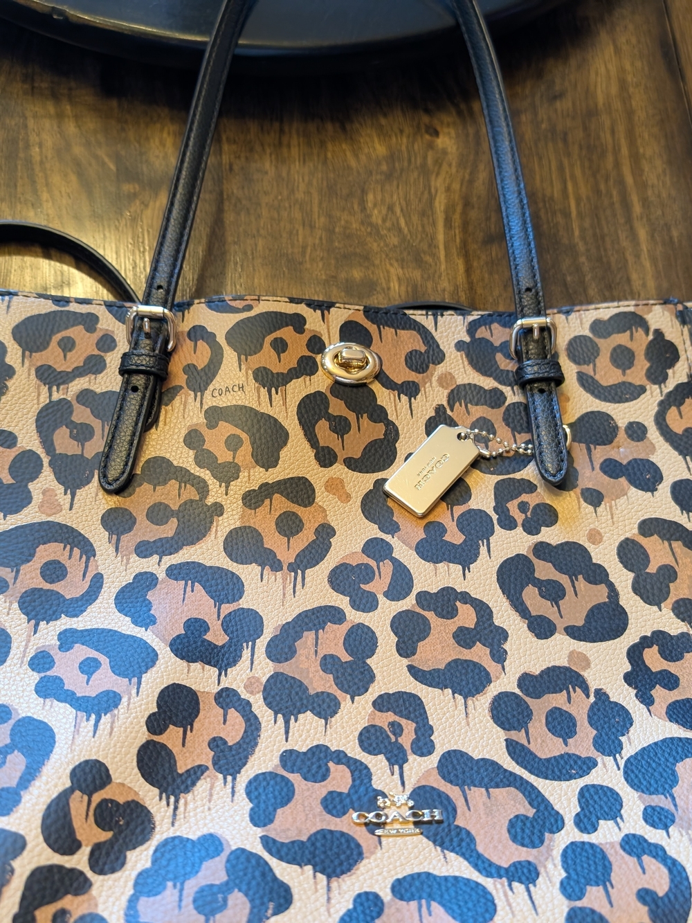 Coach Leopard-Print Leather Tote in Brown and Black with Gold Hardware